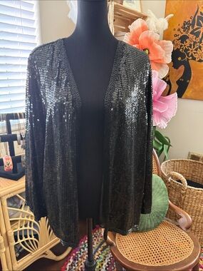 Vintage Megere Black Sequin Open Front Blazer Duster Jacket